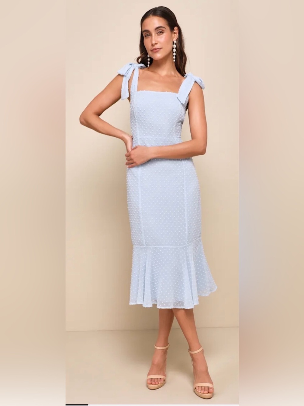 Lulus Bimini Periwinkle Blue Swiss Dot Tie-Strap Midi Dresses